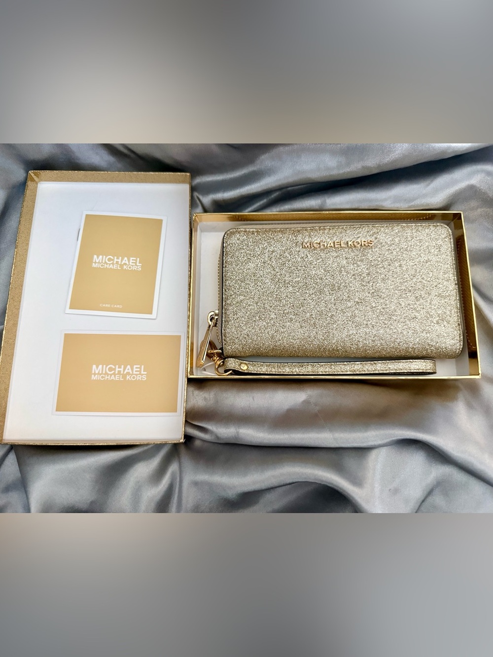 Michael Kors Gold Glitter Zip Card Holder Wallet